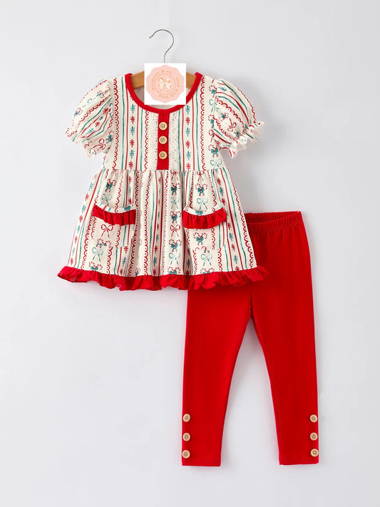 Girl Christmas Outfit – Puff Sleeve Top and Red Leggings Set