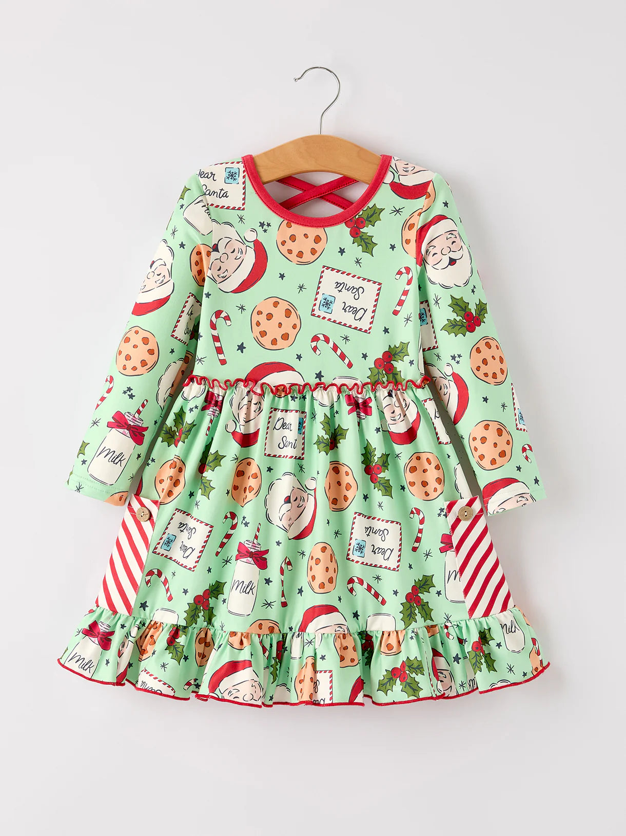 Winter Christmas Green Santa Girls Pocket Ruffle Dress