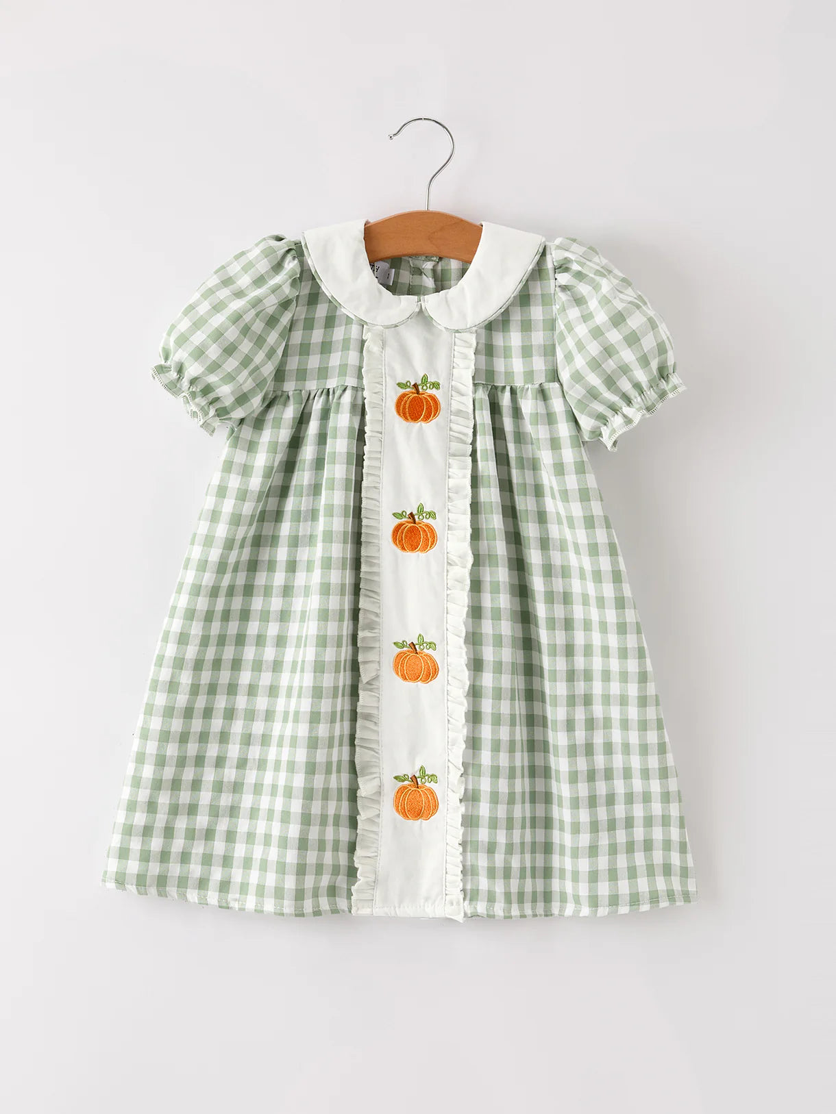 Thanksgiving Pumpkin Applique Plaid Green Girls Dress