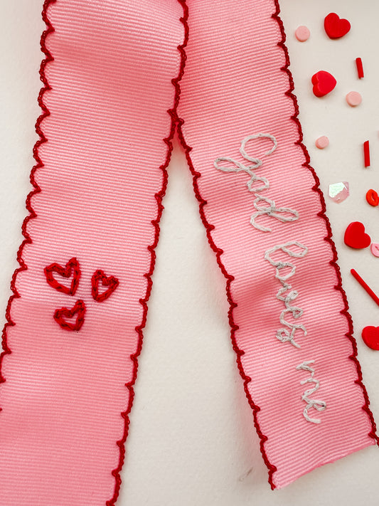 God Loves Me Embroidered Ribbon Bow
