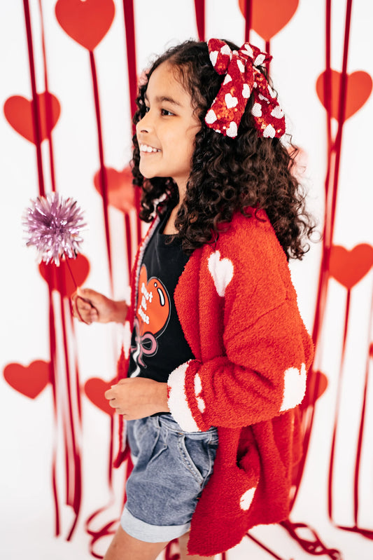 Valentine’s Day Girls Red Heart Pattern Fuzzy Knit Cardigan with Front Pockets