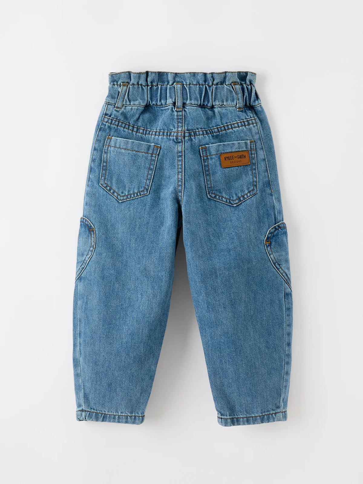 Girls Light Wash Heart Knee Barrel Jeans With Paperbag Waist