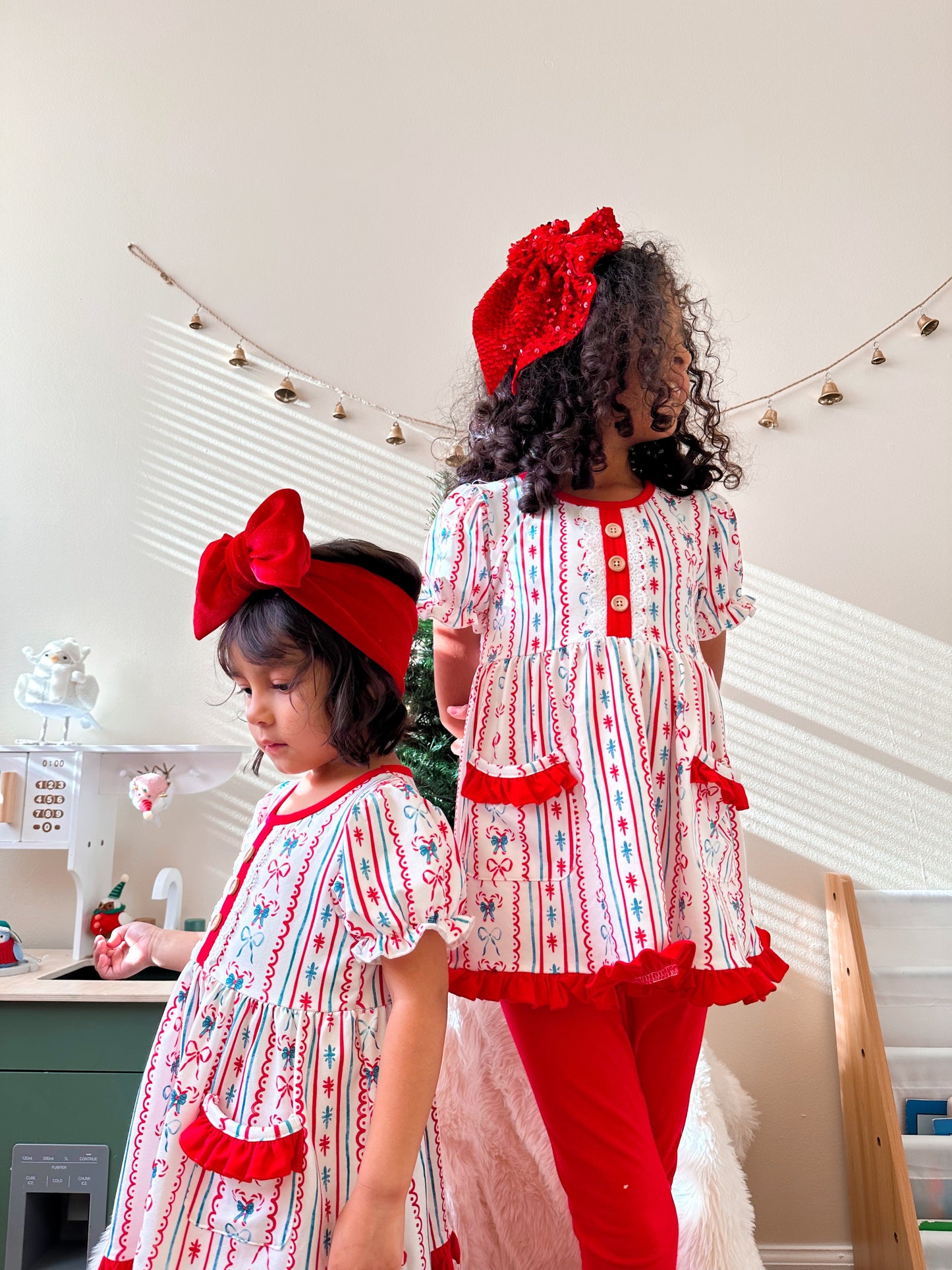 Girl Christmas Outfit – Puff Sleeve Top and Red Leggings Set