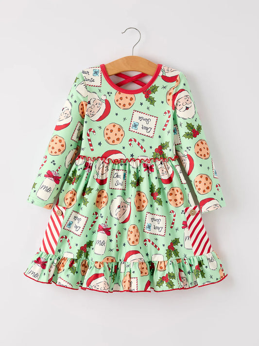 Winter Christmas Green Santa Girls Pocket Ruffle Dress