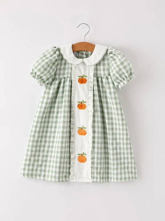 Thanksgiving Pumpkin Applique Plaid Green Girls Dress
