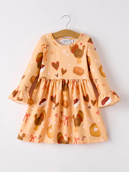 Turkey Pie Print Ruffle Sleeve Dress