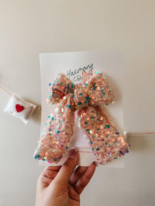 Blush Sequin Velvet Bella Bow