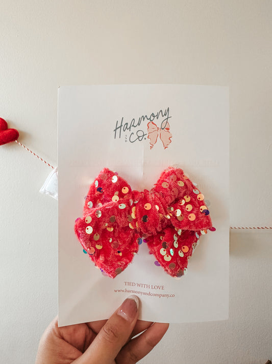 Watermelon Sequin Velvet Pinwheel Bow