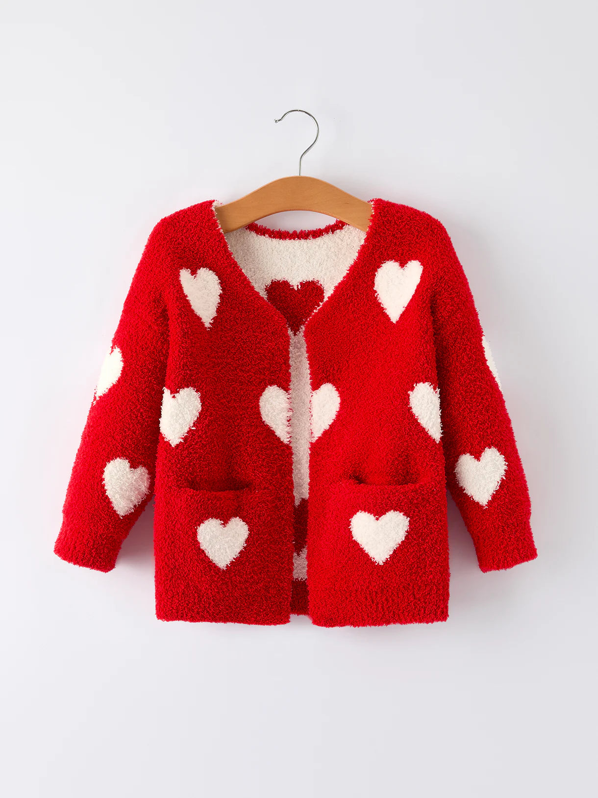 Valentine’s Day Girls Red Heart Pattern Fuzzy Knit Cardigan with Front Pockets